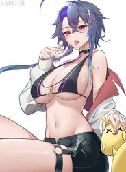  absurdres ahoge asymmetrical_hair azur_lane bad_id bad_pixiv_id bikini bikini_top_only black_bikini black_choker black_shorts blue_hair breasts choker colored_inner_hair cross_hair_ornament crossed_bangs female foch_(azur_lane) foch_(rainbow_rendezvous)_(azur_lane) gradient_hair grey_hair hair_between_eyes hair_ornament highres jacket large_breasts larger_bmx long_hair long_sleeves looking_at_viewer manjuu_(azur_lane) micro_bikini multicolored_hair navel o-ring oerba_yun_fang off_shoulder official_alternate_costume open_clothes open_jacket open_mouth purple_hair purple_nails red_eyes saliva saliva_trail short_hair_with_long_locks short_shorts shorts simple_background skin_fang solo stomach streaked_hair swimsuit thigh_strap tongue tongue_out underboob white_background white_jacket x_x zipper 