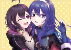  2girls absurdres ahoge blue_eyes blue_hair blush cape collarbone fingerless_gloves fire_emblem fire_emblem_awakening gloves hair_between_eyes highres lucina_(fire_emblem) morgan_(female)_(fire_emblem) morgan_(fire_emblem) multiple_girls one_eye_closed open_mouth purple_eyes purple_hair reia_hana short_hair symbol_in_eye tiara turtleneck twitter_username upper_body 