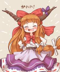  :d ^_^ arinu blunt_bangs blush bow bowtie brown_background closed_eyes commentary_request cowboy_shot facing_viewer female hairbow hands_on_own_hips highres horn_ornament horn_ribbon horns ibuki_suika long_hair low-tied_long_hair metal_belt oerba_yun_fang open_mouth orange_hair purple_ribbon purple_skirt red_bow red_bowtie red_ribbon ribbon ribbon-trimmed_skirt ribbon_trim shirt skirt smile solo standing torn_clothes torn_sleeves touhou translated white_bow white_ribbon white_shirt wrist_cuffs 