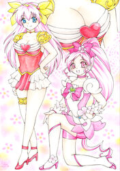  2girls ai_tenshi_densetsu_wedding_peach crossover cure_blossom hanasaki_momoko hanasaki_tsubomi heartcatch_precure! inunekochan magical_girl multiple_girls name_connection pink_hair precure traditional_media watercolor_pencil_(medium) wedding_peach 