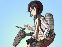  black_hair black_skirt blue_background commentary cowboy_shot english_commentary female flat_chest gradient_background grey_eyes hayasui_(kancolle) jacket kantai_collection machinery miniskirt one-hour_drawing_challenge pleated_skirt short_hair sixten skirt solo standing track_jacket 