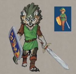  anthro anthrofied avoid_posting belt black_pawpads blue_eyes boots canid canine canis claws clothed clothing ear_piercing elranno footwear green_clothing green_shirt green_topwear green_tunic humanoid hylian hylian_shield link looking_at_viewer male mammal master_sword melee_weapon narrowed_eyes nintendo pawpads piercing reference_image shield shirt solo sword the_legend_of_zelda toeless_boots toeless_footwear topwear tunic walking walking_towards_viewer weapon wolf wolf_link 