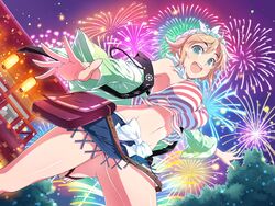  :d aerial_fireworks bad_id bad_twitter_id bag bare_shoulders blue_skirt blush breasts bush denim denim_skirt detached_collar female fireworks green_eyes hachimaki hair_between_eyes hair_ornament hairclip hanabi_(senran_kagura) headband highres japanese_clothes kimono large_breasts looking_at_viewer navel night official_art open_mouth orange_hair red_stripes ribbon sandals satchel senran_kagura senran_kagura_new_link short_hair shrine skirt sky smile solo striped tank_top white_ribbon yaegashi_nan 