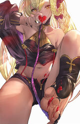  absurdres alternate_costume barefoot betabeet black_bow black_nails blonde_hair bow braid covering_own_mouth dark-skinned_female dark_skin detached_sleeves female fingernails granblue_fantasy hair_between_eyes hairbow halterneck heart helel_ben_shalem helel_ben_shalem_(coco-coated_dreams)_(granblue_fantasy) highres holding holding_heart long_braid long_hair midriff nail_polish navel sharp_fingernails sharp_toenails short_shorts shorts simple_background solo tan toenail_polish toenails toes white_background yellow_eyes 