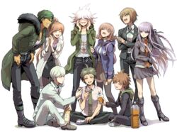  3girls 6+boys ahoge alcohol backpack bag black_gloves blue_eyes boots bottle braid brown_hair closed_eyes commentary_request cup danganronpa:_trigger_happy_havoc danganronpa_(series) danganronpa_2:_goodbye_despair danganronpa_3_(anime) denim drinking_glass formal fur-trimmed_jacket fur_trim galaga glasses gloves green_eyes green_hair green_jacket green_necktie grey_hair hair_ornament hinata_hajime hood hoodie indian_style jacket jeans kirigiri_kyoko komaeda_nagito lab_coat light_purple_hair long_hair medium_hair multiple_boys multiple_girls munakata_kyousuke naegi_makoto nanami_chiaki necktie own_hands_together pants pantyhose ponytail purple_eyes sakakura_juuzou sake school_uniform scrunchie short_hair simple_background single_braid sitting skirt skirt_suit sleeping sleeping_upright smile suit tea thighhighs togami_byakuya white_background white_hair white_suit youko-shima yukizome_chisa 