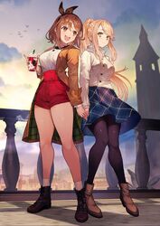  2girls alternate_costume alternate_hairstyle atelier_(series) atelier_ryza atelier_ryza_2 back-to-back bird braid breasts brown_eyes brown_hair cityscape contemporary cup hair_ribbon high_collar highres holding_hands iced_coffee klaudia_valentz large_breasts legs long_coat long_hair long_legs multiple_girls open_mouth outdoors ponytail railing red_shorts reisalin_stout ribbon shorts skirt sky smile socks source_request standing tall_female textless_version thick_thighs thighhighs thighs toridamono tower 