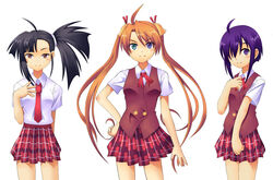  3girls asymmetrical_hair bell black_hair brown_eyes commentary_request hair_bell hair_ornament hair_over_one_eye heterochromia kagurazaka_asuna kunishi_rei long_hair mahora_academy_middle_school_uniform mahou_sensei_negima! miyazaki_nodoka multiple_girls necktie orange_hair photoshop_(medium) plaid plaid_skirt purple_eyes purple_hair sakurazaki_setsuna school_uniform short_hair side_ponytail skirt twintails vest 