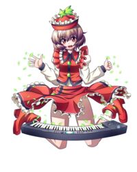  brown_hair commentary_request female full_body hat highres instrument lyrica_prismriver md5_mismatch raionsan red_eyes short_hair solo touhou transparent_background 