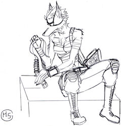  2019 anthro bandage becca/rebecca belt boots bottomwear bullet canid canine clothing eye_patch eyewear fallout fan_character footwear fox hair harpseal hi_res lever_action_rifle looking_down mammal microsoft pants sitting solo spiky_hair weapon 