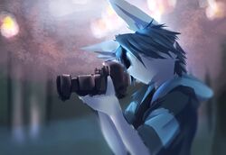  2017 anthro blurred_background bust_portrait camera clothed clothing depth_of_field digital_media_(artwork) euca_(repeat) fur grey_body grey_fur hair holding_camera holding_object hoodie long_ears looking_away male mammal photography portrait repeat_(visual_novel) shirokoi short_hair side_view speedpaint topwear 