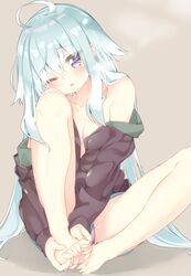  aqua_hair barefoot breasts cleavage collarbone commentary_request d; female highres holding_own_foot hood hoodie jpeg_artifacts kamioka_shun&#039;ya knee_to_face legs long_hair looking_at_viewer no_bra no_pants off_shoulder one_eye_closed open_mouth original panties red_eyes shiori_(kamioka_shun&#039;ya) small_breasts solo underwear very_long_hair 