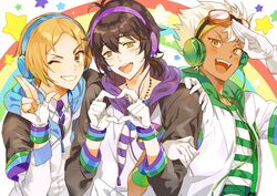  3boys 4-fingers_heart_hands ;) arm_around_shoulder black_hair blue_necktie blush commentary_request dark-skinned_male dark_skin fingerless_gloves gloves goggles goggles_on_head grin hayami_hiro headphones heart heart_hands hood hoodie inzup jewelry king_of_prism king_of_prism_by_prettyrhythm korean_commentary locked_arms looking_at_viewer male_focus mihama_kouji multiple_boys necklace necktie nishina_kazuki one_eye_closed orange_hair pretty_rhythm pretty_series rainbow salute shirt smile star_(symbol) striped_clothes striped_shirt two-finger_salute white_gloves white_hair yellow_eyes 