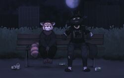  3_toes ailurid anthro baufroy bench beverage_can cigarette city city_background clothing collar depression domestic_cat doomer duo feet felid feline felis full_moon hi_res hoodie male mammal meme moon night red_panda sitting smoking smoking_cigarette tagme toes topwear 