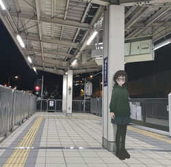  black_eyes black_hair black_pantyhose building city city_lights commentary dark female glasses highres hood hoodie loafers looking_at_viewer mole mole_under_mouth night original outdoors pantyhose pleated_skirt railing real_world_location scenery shoes short_hair skirt solo train_station train_station_platform unagi189 