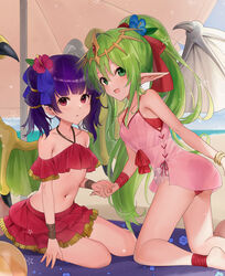  2girls :d alternate_costume bikini bikini_under_clothes blue_flower bow closed_mouth collarbone commentary day dress fire_emblem fire_emblem:_mystery_of_the_emblem fire_emblem:_shadow_dragon fire_emblem:_the_sacred_stones flower green_eyes green_hair green_wings hair_flower hair_ornament hairbow halterneck haru_(nakajou-28) highres kneeling layered_skirt long_hair looking_at_viewer miniskirt multiple_girls myrrh_(fire_emblem) open_mouth outdoors pink_bikini pink_dress pleated_skirt pointy_ears ponytail purple_hair red_bikini red_bow red_eyes red_flower red_skirt short_dress sitting skirt sleeveless sleeveless_dress smile summer swimsuit tiki_(fire_emblem) tiki_(young)_(fire_emblem) twintails very_long_hair wings 