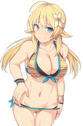  ahoge ass_visible_through_thighs bare_arms bare_shoulders bikini black_bikini blonde_hair blue_eyes blush bracelet breasts cleavage collarbone female flower hachimiya_meguru hair_flower hair_ornament idolmaster idolmaster_shiny_colors jewelry large_breasts long_hair looking_at_viewer low_twintails multicolored_bikini multicolored_clothes navel orange_bikini red_bikini shiseki_hirame simple_background smile solo striped_bikini striped_clothes swimsuit twintails white_background white_flower 