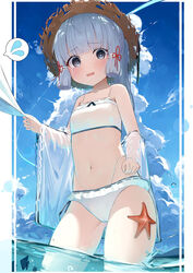  aged_down amiamie bikini blue_eyes blue_hair blue_sky blunt_bangs blunt_tresses blush breasts cameltoe clothes_pull cloud commentary_request crying crying_with_eyes_open cumulonimbus_cloud day detached_sleeves female flower_knot frilled_bikini frills genshin_impact hair_ornament hair_ribbon hand_on_own_hip hat highleg highleg_swimsuit highres kamisato_ayaka light_blue_hair long_hair looking_at_viewer mole mole_under_eye ocean open_mouth outdoors ponytail revision ribbon scared see-through see-through_sleeves sidelocks sky small_breasts solo speech_bubble starfish straw_hat swimsuit tears tress_ribbon wading water white_bikini 