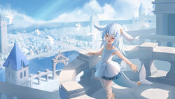  :d ^_^ ancient_greek_clothes balcony bare_arms bird blue_hair blue_sky bracelet cityscape closed_eyes cloud commentary day dress english_commentary facing_viewer female fins fish_tail frilled_dress frills gawr_gura gawr_gura_(party_dress) greco-roman_clothes happy highres hirotaka0125 hololive hololive_english jewelry long_hair making-of_available multicolored_hair open_mouth outstretched_arm shark_tail sharp_teeth sky sleeveless sleeveless_dress smile solo streaked_hair tail teeth two-tone_hair two_side_up virtual_youtuber white_dress white_hair 