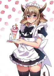  1boy absurdres alternate_costume animal_ears apron arknights bison_(arknights) blush brown_hair commentary cow_boy cow_ears cow_horns cow_tail crossdressing cup drinking_glass english_commentary enmaided food highres hinghoi horns ice_cream looking_at_viewer maid maid_apron male_focus male_maid otoko_no_ko purple_eyes solo standing strawberry_background sundae sweatdrop tail thighhighs thighs tray 