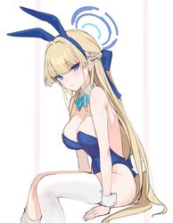  alracoco animal_ears blonde_hair blue_archive blue_eyes blue_halo blue_leotard braid breasts commentary detached_collar fake_animal_ears female half_up_braid half_up_half_down_braid halo highleg highleg_leotard highres large_breasts leotard long_hair looking_at_viewer official_alternate_costume playboy_bunny rabbit_ears sideboob sitting solo strapless strapless_leotard thighhighs toki_(blue_archive) toki_(bunny)_(blue_archive) very_long_hair white_thighhighs wrist_cuffs 