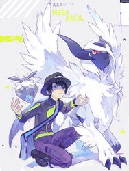  1boy absol carbink character_name claws full_body hair_over_one_eye hat looking_up mega_absol mega_pokemon nishihara_isao oekaki on_one_knee pokemon pokemon_(creature) pokemon_xy red_eyes short_hair trembling 