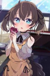  :o ahoge apron bare_shoulders black_choker black_ribbon black_skirt blue_eyes blurry blurry_background blush box brown_apron brown_hair choker clothing_cutout collared_shirt commentary_request depth_of_field dress_shirt earrings female frilled_apron frilled_shirt_collar frills gift gift_box grey_shirt hair_between_eyes hair_ribbon hands_up heart-shaped_box highres holding holding_gift hololive jewelry looking_at_viewer natsuiro_matsuri natsuiro_matsuri_(casual) oerba_yun_fang official_alternate_costume okota_mikan parted_lips pleated_skirt puffy_short_sleeves puffy_sleeves ribbon shirt short_sleeves shoulder_cutout skirt solo twintails virtual_youtuber 