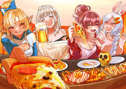  4girls absurdres alcohol alternate_costume bare_shoulders beer black_bra blonde_hair blue_bow blunt_bangs bow bra breasts cleavage closed_eyes food french_fries fried_egg giving_food grey_hair hairbow heterochromia highres hololive hood hood_down houshou_marine indoors ketchup licking_lips long_hair multiple_girls no_nose open_mouth pepperoni pink_sweater pizza plate pointy_ears ponytail pov red_eyes red_hair shiranui_flare shirogane_noel shirogane_noel_(casual) smile strap_slip sweater ton_(ton39342104) tongue tongue_out underwear usada_pekora virtual_youtuber yellow_eyes 