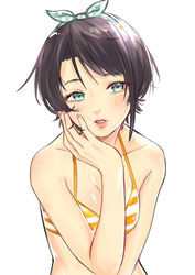  absurdres bangs bikini bikini_top black_hair blue_eyes blush bow breasts cleavage collarbone eyebrows_visible_through_hair female green_bow hairbow highres hololive looking_at_viewer medium_breasts oozora_subaru parted_lips seiji_kimoti short_hair solo striped striped_bikini swimsuit upper_body virtual_youtuber white_background 