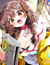  :d aloe_(kenkou3733) animal_ears artist_name blurry blush bokeh bone_hair_ornament braid breasts brown_hair cleavage collar collarbone commentary cosplay depth_of_field dog_ears dress dutch_angle extra_ears fangs female game_cartridge hair_between_eyes hair_ornament highres hololive hoso-inu indoors inugami_korone inugami_korone_(1st_costume) jacket kirby kirby_(series) listener_(inugami_korone) long_hair looking_at_viewer luigi luigi_(cosplay) mario mario_(cosplay) mario_(series) medium_breasts off_shoulder open_clothes open_jacket open_mouth orange_eyes red_collar side_braids signature sleeveless sleeveless_dress sliding_doors smile solo sunlight super_famicom_cartridge super_mario_world twin_braids virtual_youtuber white_dress yellow_jacket 