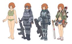  :&gt; assault_rifle barefoot blowing_bubbles brown_eyes brown_hair brownie_(last_origin) chewing_gum cutoffs dog_tags female fingerless_gloves gloves goggles goggles_on_eyes gun jacket korean_commentary last_origin midriff military military_uniform navel panties pig4 rifle short_hair short_shorts shorts simple_background solo tank_top tomboy underwear uniform weapon white_background 