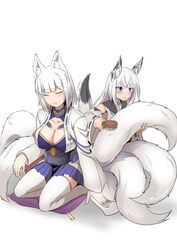  2girls animal_ears azur_lane black_sailor_collar blue_eyes blue_neckerchief breasts brush brushing brushing_tail eyeliner eyeshadow fox_ears fox_girl fox_tail hair_brush highres holding holding_brush japanese_clothes kaga_(azur_lane) kawakaze_(azur_lane) kimono kitsune large_breasts makeup multiple_girls multiple_tails neckerchief ribbon-trimmed_clothes ribbon-trimmed_sleeves ribbon_trim sailor_collar steed_(steed_enterprise) tail white_kimono wide_sleeves 