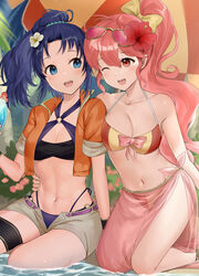  2girls :d ;d aqua_scrunchie bikini bikini_under_clothes black_bikini blue_eyes blue_hair bow breast_press breasts cleavage collarbone commentary_request eyewear_on_head fire_emblem fire_emblem:_mystery_of_the_emblem fire_emblem:_new_mystery_of_the_emblem flower grey_shorts hair_flower hair_ornament hair_scrunchie hairbow halterneck hand_on_another&#039;s_hip haru_(nakajou-28) hibiscus high_ponytail jacket kneeling kris_(female)_(fire_emblem) kris_(fire_emblem) long_hair medium_breasts multi-strapped_bikini_bottom multiple_girls navel o-ring o-ring_bikini one_eye_closed open_clothes open_jacket open_shorts orange_jacket partial_commentary phina_(fire_emblem) pink-tinted_eyewear pink_bow pink_hair purple_bikini red_eyes red_flower scrunchie short_shorts shorts sitting sleeves_rolled_up smile sunglasses swimsuit tinted_eyewear two-tone_bikini very_long_hair white_flower yellow-framed_eyewear yellow_bow 