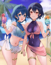  2girls :d beach bikini bikini_skirt black_hair blue_bikini blue_eyes blue_hair bracelet breasts casual_one-piece_swimsuit clenched_teeth collarbone commentary commission covered_navel cowboy_shot cup day drinking_straw fire_emblem fire_emblem_awakening flower haru_(nakajou-28) highres holding holding_cup jewelry looking_at_viewer medium_hair morgan_(female)_(devoted_darkness)_(fire_emblem) morgan_(female)_(fire_emblem) morgan_(fire_emblem) multiple_girls navel one-piece_swimsuit open_mouth outdoors palm_tree pink_flower purple_one-piece_swimsuit red_eyes see-through see-through_sleeves short_sleeves skeb_commission skirt smile standing summer sweatdrop swimsuit teeth thighlet tree white_skirt 