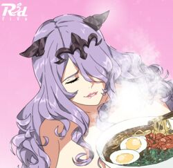  bare_shoulders bowl camilla_(fire_emblem) chopsticks closed_eyes egg egg_yolk female fire_emblem fire_emblem_fates food hair_over_one_eye lipstick long_hair makeup noodles paid_reward_available purple_hair r3dfive ramen simple_background solo tiara 