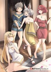  1boy 3girls animal_ears bed blonde_hair blunt_bangs breasts brown_hair cat_ears chascoby chest_jewel cleavage_cutout clothing_cutout covering_privates dress grey_hair highres holding_hands husband_and_wives imminent_gangbang large_breasts long_hair multiple_girls mythra_(xenoblade) nia_(xenoblade) nude_cover paid_reward_available polygamy pyra_(xenoblade) red_eyes red_hair rex_(xenoblade) short_hair spoilers straight strap_slip swept_bangs unworn_clothes very_long_hair xenoblade_chronicles_(series) xenoblade_chronicles_2 xenoblade_chronicles_3 yellow_eyes 