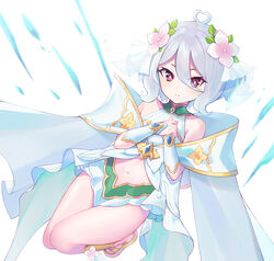  antenna_hair bare_shoulders blush bright_pupils clothing_cutout commentary dress eyes_visible_through_hair female flower full_body green_dress grey_hair hair_between_eyes hair_flower hair_ornament heart_antenna_hair highres kokkoro_(princess)_(princess_connect!) kokkoro_(princess_connect!) looking_at_viewer navel navel_cutout own_hands_together parted_lips pink_flower princess_connect! princess_form_(princess_connect!) red_eyes shimon_(31426784) short_hair simple_background sleeveless sleeveless_dress solo white_background white_pupils 