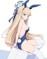  absurdres animal_ears blonde_hair blue_archive blue_eyes blue_halo blue_leotard bow bowtie braid breasts detached_collar fake_animal_ears female half_up_braid half_up_half_down_braid halo highleg highleg_leotard highres kittenlochen leotard long_hair looking_at_viewer medium_breasts official_alternate_costume playboy_bunny rabbit_ears sideboob sitting solo strapless strapless_leotard suitcase thighhighs thighs toki_(blue_archive) toki_(bunny)_(blue_archive) very_long_hair white_thighhighs wrist_cuffs 