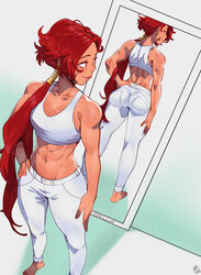  abs arm_at_side ass barefoot breasts cleavage commentary commission english_commentary eymbee female fingernails forte_(crystalplanet00) hair_over_shoulder hair_tubes hand_on_own_hip highres lips long_hair looking_at_mirror looking_at_self looking_back low_ponytail medium_breasts midriff mirror muscular muscular_female original pants red_eyes red_hair reflection scar scar_on_cheek scar_on_face simple_background smile solo sports_bra standing tight_clothes tight_pants toned very_long_hair white_pants white_sports_bra 