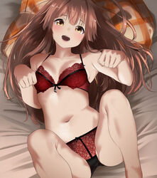  bare_legs blush bra breasts brown_hair collarbone commission female highres kantai_collection kuma_(kancolle) lingerie long_hair looking_at_viewer lying navel open_mouth panties pillow pixiv_commission red_bra red_panties solo tama_(tamago) underwear underwear_only yellow_eyes 