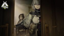  2girls absurdres angelia_(girls&#039;_frontline) artist_request betrayal blue_eyes blue_hair breasts buckle clenched_teeth collar commentary cowboy_shot dark_blue_hair door_handle english_commentary evil_eyes girls&#039;_frontline gun handgun headset highres holding holding_walkie-talkie holstered indoors jacket large_breasts light_particles light_rays logo multiple_girls official_art open_mouth painting_(object) ponytail pouch prosthesis prosthetic_arm purple_eyes reaching rpk-16_(girls&#039;_frontline) short_hair snap-fit_buckle spoilers tactical_clothes teeth v-shaped_eyebrows walkie-talkie weapon white_hair white_jacket wire wooden_door 