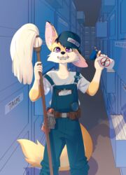  absurd_res anthro archive belt black_hair blue_clothing blue_hat blue_headwear blue_overalls brown_belt canid canine cheese_grater clipboard clothed clothing digital_drawing_(artwork) digital_media_(artwork) dubsthefox e621 ear_piercing english_text facial_piercing fangs fennec_fox fox front_view fur glistening glistening_eyes grey_clothing grey_shirt grey_t-shirt grey_topwear grin hair hat headgear headwear hi_res industrial_piercing industrial_piercing_ladder inside janitor light_body light_fur lip_piercing lip_ring looking_at_viewer magnifying_glass male mammal multicolored_hair nononge nose_piercing orange_body orange_fur overalls piercing purple_eyes purple_hair ring_piercing septum_piercing shaded shirt smile soft_shading solo standing t-shirt tail tan_body tan_fur teeth text topwear true_fox two_tone_hair young young_anthro young_male 