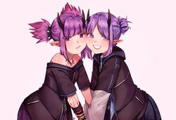  2girls :d :| arknights arm_tattoo armband bare_shoulders bent_over benzbt black_jacket bracelet cheek-to-cheek closed_mouth commentary english_commentary grin heads_together hibiscus_(arknights) highres holding_hands horns jacket jewelry lava_(arknights) light_purple_hair long_sleeves looking_at_viewer medium_hair multiple_girls oerba_yun_fang open_clothes open_mouth pink_background pointy_ears purple_eyes purple_hair purple_skirt short_hair siblings sidelocks simple_background sisters skirt smile spiked_bracelet spikes tattoo twins twintails upper_body 