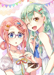  2girls :o ;d animal_hair_ornament aqua_nails bird_hair_ornament blue_eyes blue_neckerchief bow bow_earrings box braid bunting choker collarbone commentary diagonal-striped_ribbon doily dress earrings eyelashes fingernails flower folded_twintails frilled_wristband frills glasses green_bow green_hair hair_behind_ear hair_between_eyes hair_bobbles hair_flower hair_ornament hairclip heart heart_hair_ornament holding holding_box holding_hair_ornament jewelry long_fingernails long_hair looking_at_viewer multiple_girls nail_polish neck_ribbon neckerchief nekozuki_yuki oerba_yun_fang one_eye_closed open_mouth original over-rim_eyewear parted_hair pink_hair pink_nails pink_wristband plaid plaid_ribbon polka_dot purple-framed_eyewear rabbit_hair_ornament rectangular_eyewear ribbon sailor_collar sailor_dress semi-rimless_eyewear short_sleeves single_braid sleeveless sleeveless_dress smile surprised tareme twitter_username unworn_hair_ornament unworn_hairclip upper_body white_background white_choker white_dress white_flower white_sailor_collar yellow_bow yellow_eyes yellow_ribbon 