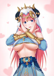  :d absurdres bare_shoulders blue_eyes blue_skirt blunt_bangs blush breasts breasts_squeezed_together brooch commentary_request cosplay crop_top crossed_arms detached_sleeves fake_horns female gauntlets genshin_impact go-toubun_no_hanayome heart highres hime_cut horned_headwear horns jewelry kosmos_beta large_breasts long_hair looking_at_viewer midriff multicolored_nails nail_polish nakano_nino navel nilou_(genshin_impact) nilou_(genshin_impact)_(cosplay) pink_hair sidelocks simple_background skirt smile underboob veil 