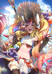  absurdres bare_shoulders black_gloves black_nails black_thighhighs blonde_hair blue_sky blueberry cake cake_slice cloud cowboy_shot crop_top cup day drinking_glass elbow_gloves facial_mark fangs fate/grand_order fate_(series) female fingernails floating_hair food forehead_mark fruit gloves grapes hand_puppet hat highres horns ibaraki_douji_(fate) ibaraki_douji_(swimsuit_lancer)_(fate) ibaraki_douji_(swimsuit_lancer)_(third_ascension)_(fate) lemon lemon_slice lin_nulixiulian long_fingernails long_hair looking_at_viewer miniskirt navel oni open_mouth outdoors peach plate pleated_skirt puppet sharp_fingernails shuten_douji_(fate) skin-covered_horns skirt sky smile solo stomach straw_hat strawberry summer thighhighs tongue tongue_out twintails very_long_hair white_skirt yellow_eyes 