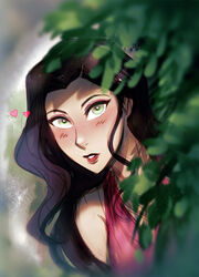  asami_sato avatar_legends bare_shoulders black_hair blush bush eyeshadow female green_eyes heart iahfy lipstick looking_at_viewer makeup outdoors peeking_out solo the_legend_of_korra 