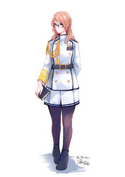  aiguillette black-framed_eyewear black_pantyhose book brown_eyes brown_hair epaulettes female female_admiral_(kancolle) full_body glasses highres holding holding_book kantai_collection long_hair long_sleeves military military_uniform naval_uniform pantyhose pin.s skirt solo standing uniform white_skirt 