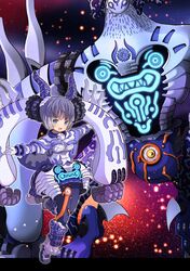  :d aqua_eyes blunt_bangs blush bob_cut breasts capelet comiket_91 commentary_request dual_persona duel_monster eyeball female garoudo_(kadouhan&#039;i) gloves glowing headgear horns indiora_doom_volt_the_cubic_emperor leg_up light_purple_hair looking_at_viewer open_mouth outstretched_arms personification short_hair smile standing standing_on_one_leg white_capelet white_gloves yu-gi-oh! yu-gi-oh!_duel_monsters yu-gi-oh!_the_dark_side_of_dimensions 