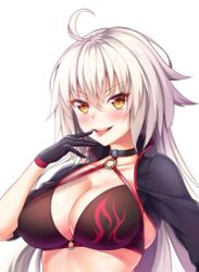  :p ahoge bikini black_bikini black_gloves blush breasts commentary_request fate/grand_order fate_(series) female gloves jeanne_d&#039;arc_alter_(fate) jeanne_d&#039;arc_alter_(swimsuit_berserker)_(fate) looking_at_viewer medium_breasts o-ring o-ring_top shrug_(clothing) smile solo swimsuit tongue tongue_out upper_body white_hair yellow_eyes yuunagi_(0217) 