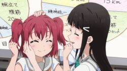  2girls animated animated anime_screenshot black_hair blush chart excited graph graph_(object) green_eyes hair_ornament hairclip happy kurosawa_dia kurosawa_ruby love_live! love_live!_sunshine!! multiple_girls pie_chart red_hair school_uniform serafuku shaking_head siblings sisters smile two_side_up uranohoshi_school_uniform 